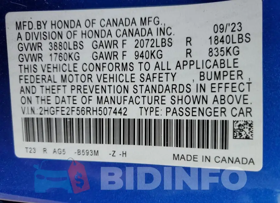 2HGFE2F56RH507442 Photo# 12