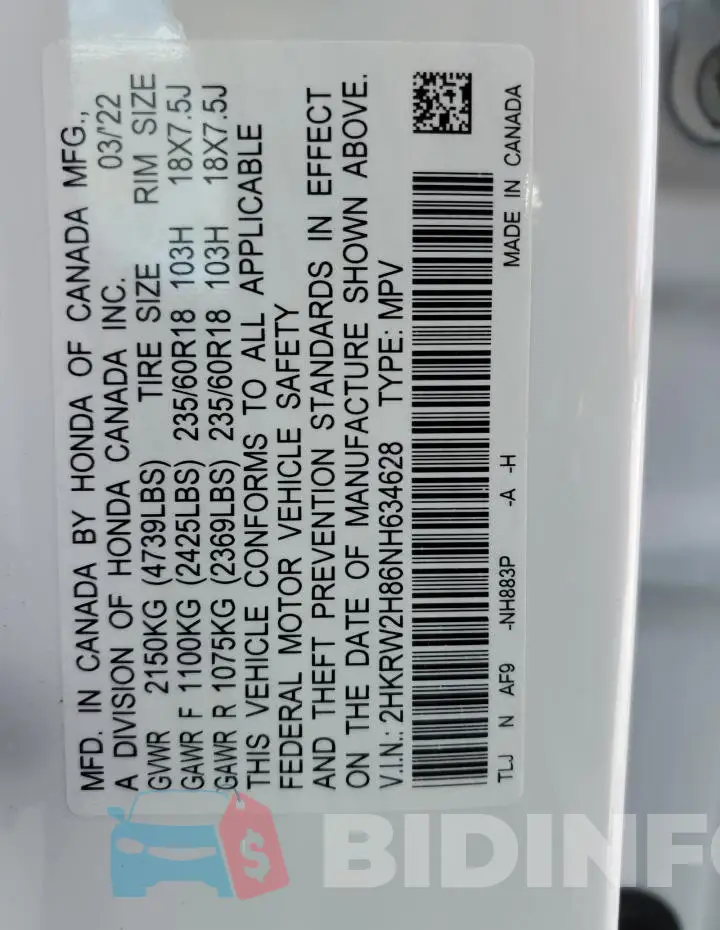 2HKRW2H86NH634628 Photo# 14