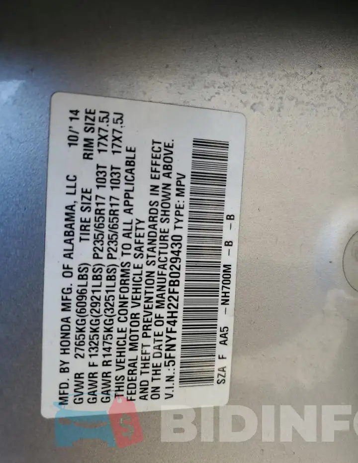 5FNYF4H22FB029430 Photo# 13