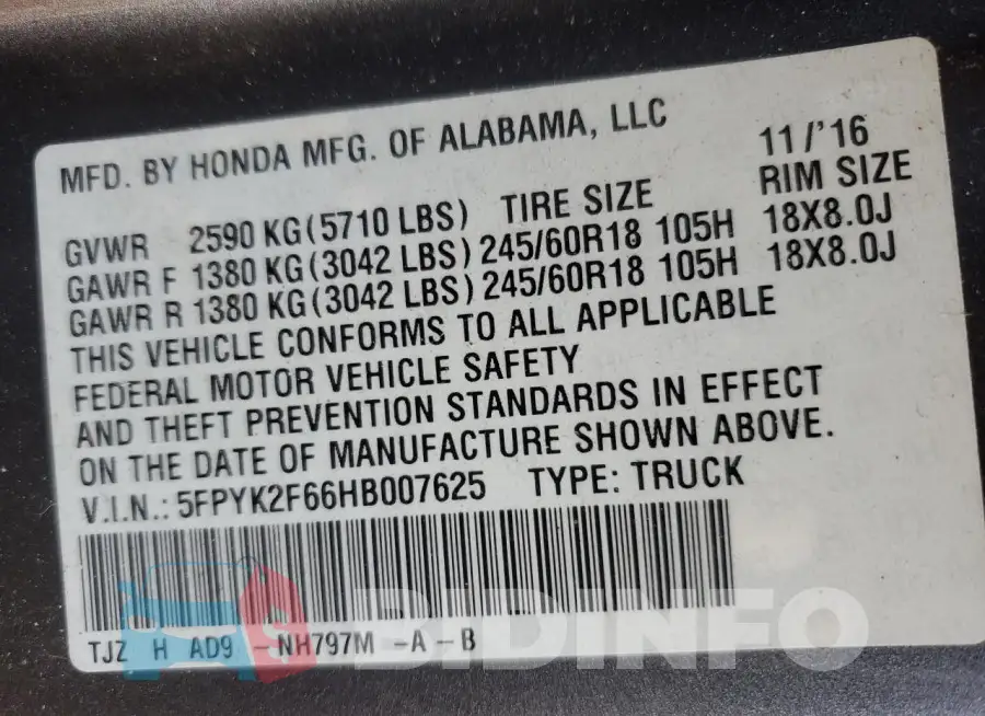 5FPYK2F66HB007625 Photo# 12