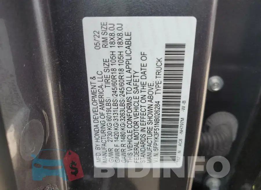5FPYK3F51NB026284 Photo# 13