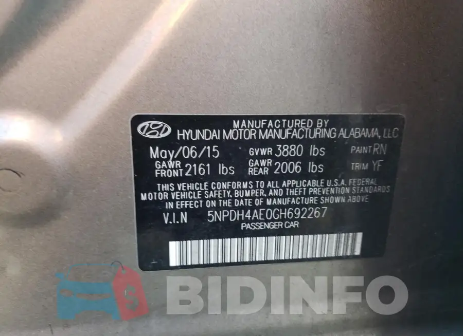 5NPDH4AE0GH692267 Photo# 12