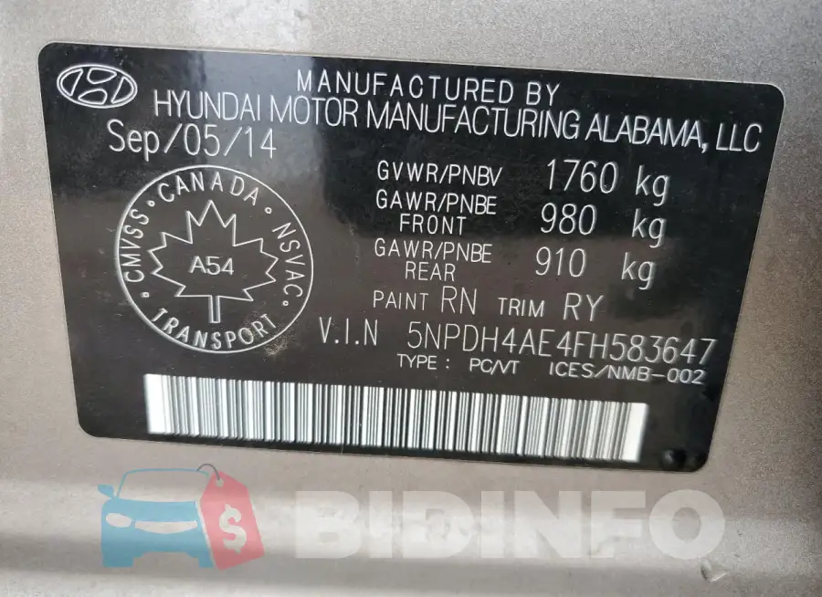5NPDH4AE4FH583647 Photo# 13