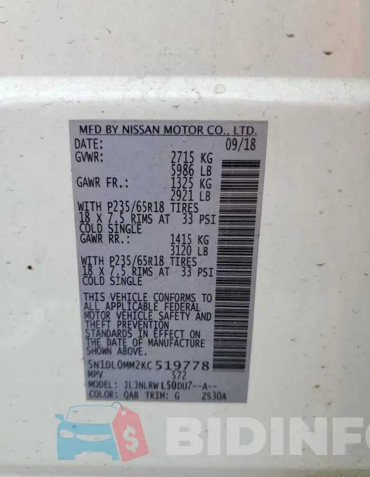 5N1DL0MM2KC519778 Photo# 14