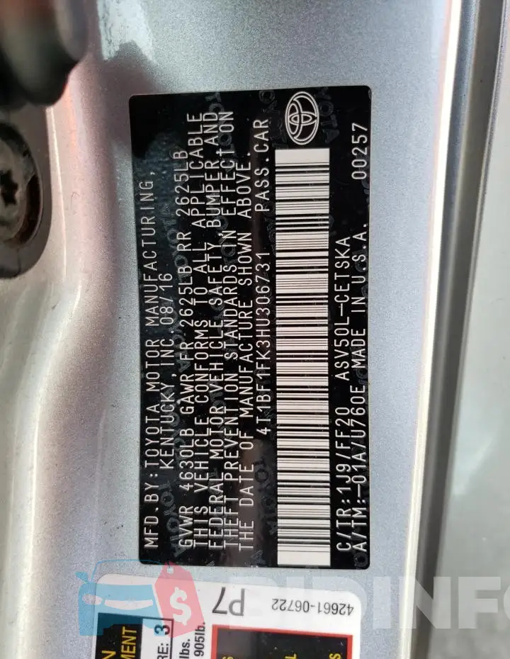 4T1BF1FK3HU306731 Photo# 12