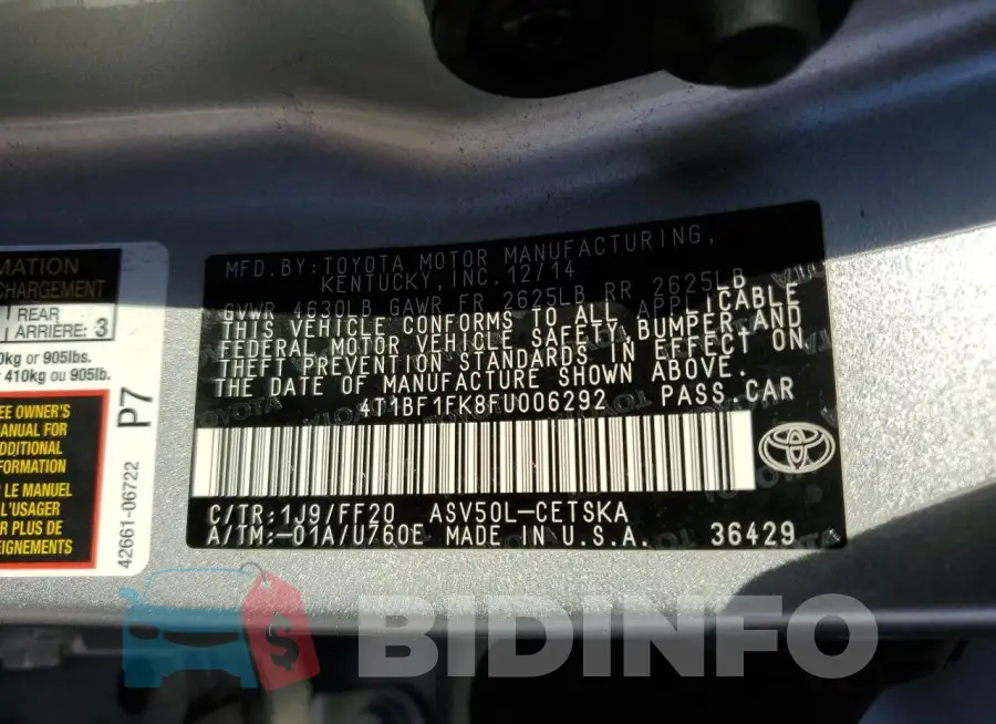 4T1BF1FK8FU006292 Photo# 13