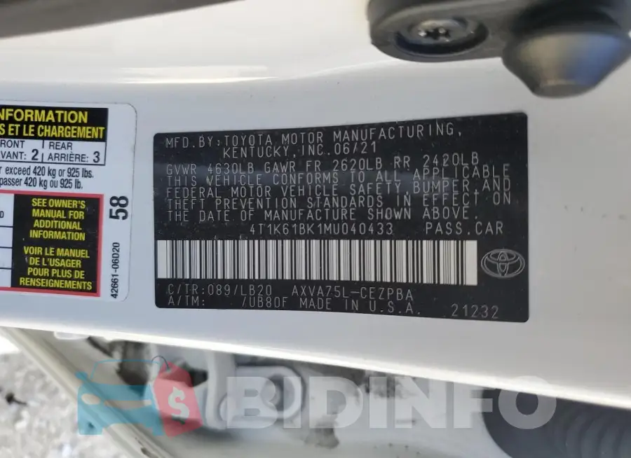 4T1K61BK1MU040433 Photo# 13