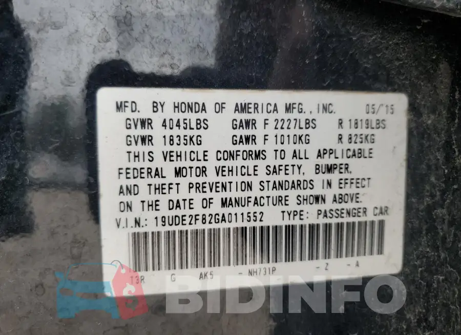 19UDE2F82GA011552 Photo# 12