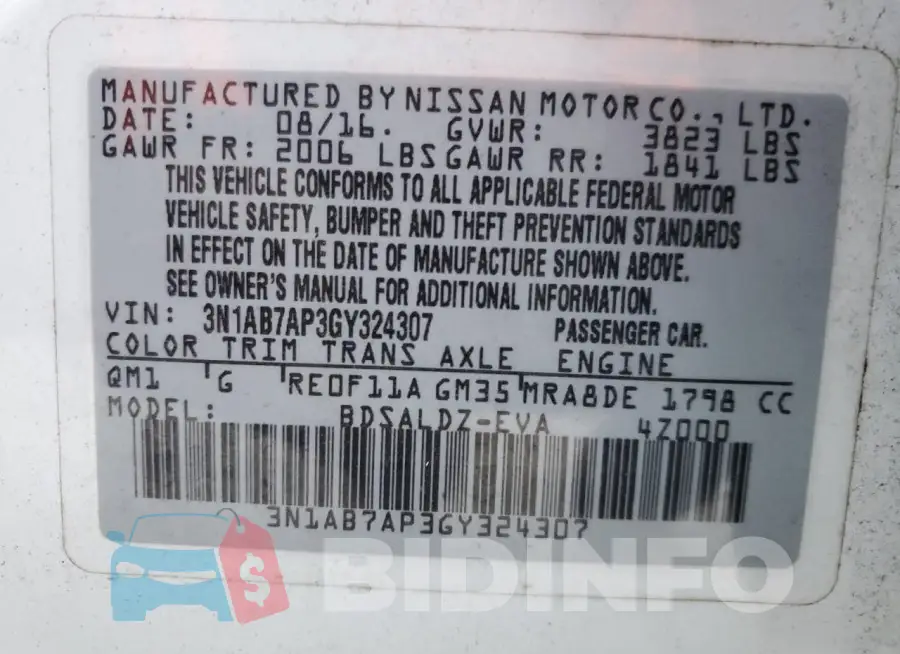 3N1AB7AP3GY324307 Photo# 13