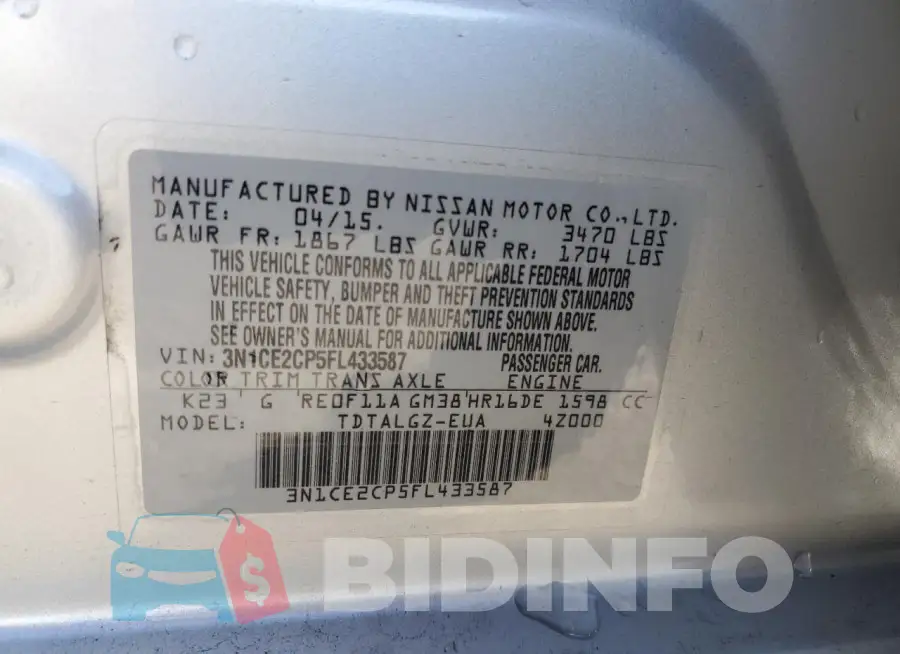 3N1CE2CP5FL433587 Photo# 13