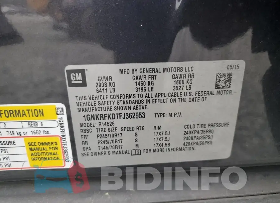 1GNKRFKD7FJ362953 Photo# 13