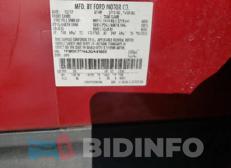 1FM5K7DH4JGA41602 Photo# 14