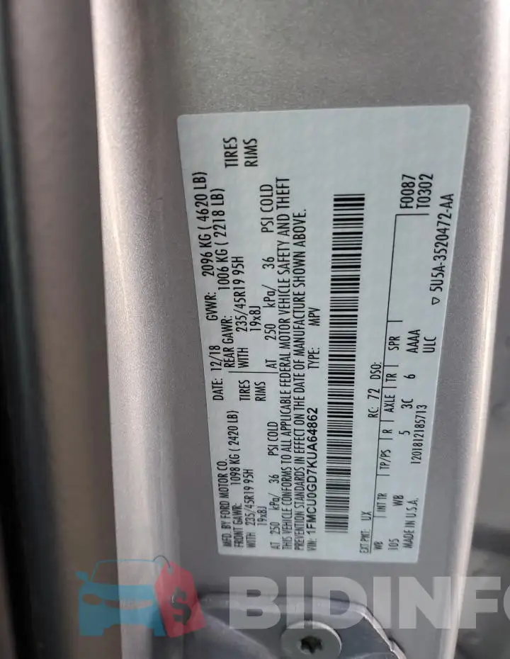 1FMCU0GD7KUA64862 Photo# 13