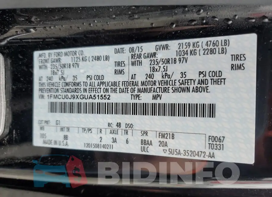 1FMCU0J9XGUA51552 Photo# 13