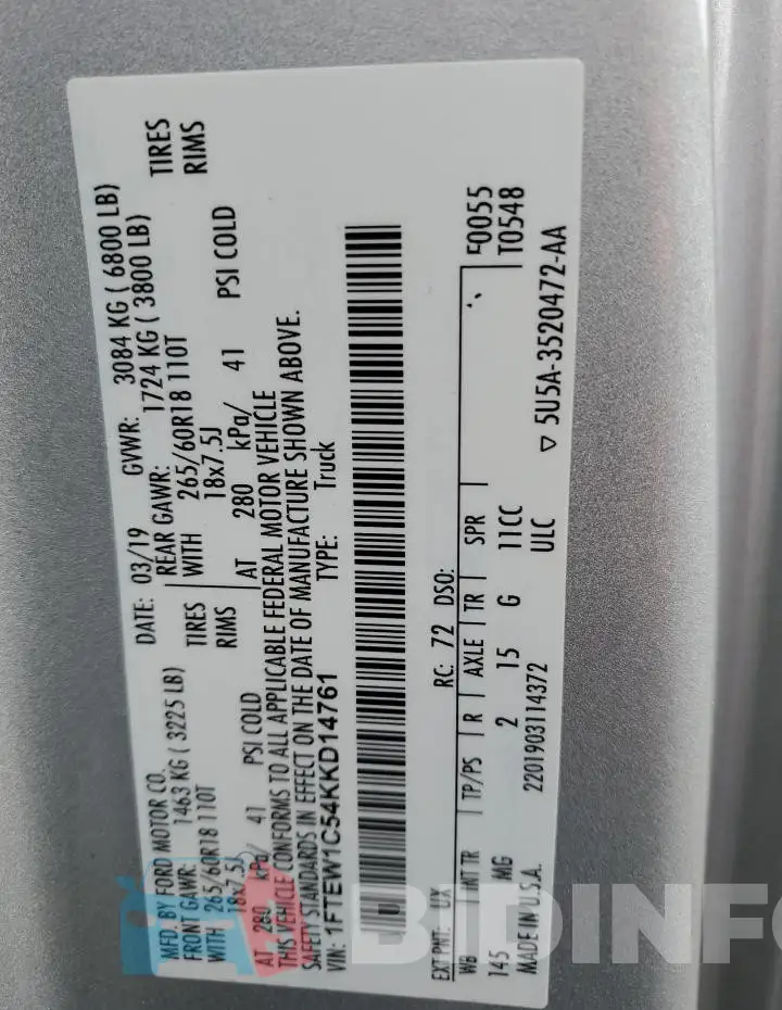 1FTEW1C54KKD14761 Photo# 12