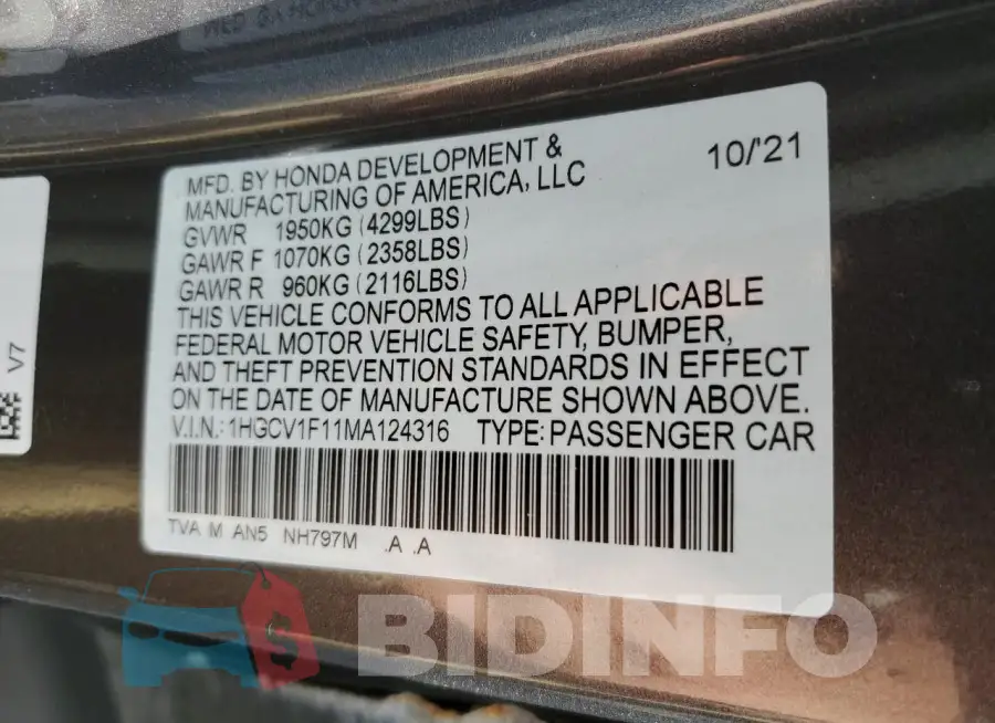 1HGCV1F11MA124316 Photo# 12