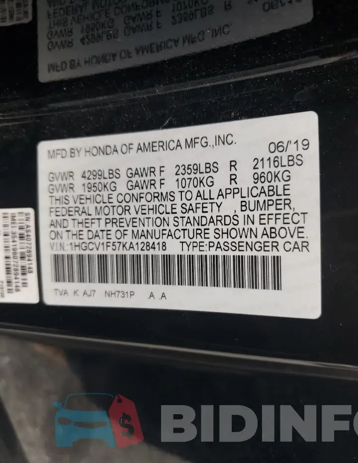 1HGCV1F57KA128418 Photo# 12