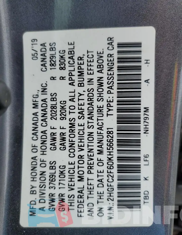 2HGFC2F60KH566281 Photo# 12