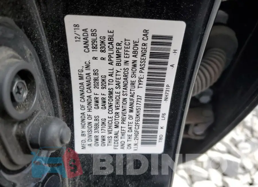 2HGFC2F63KH517737 Photo# 12