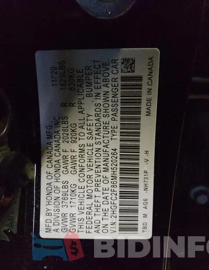 2HGFC2F86MH520264 Photo# 12