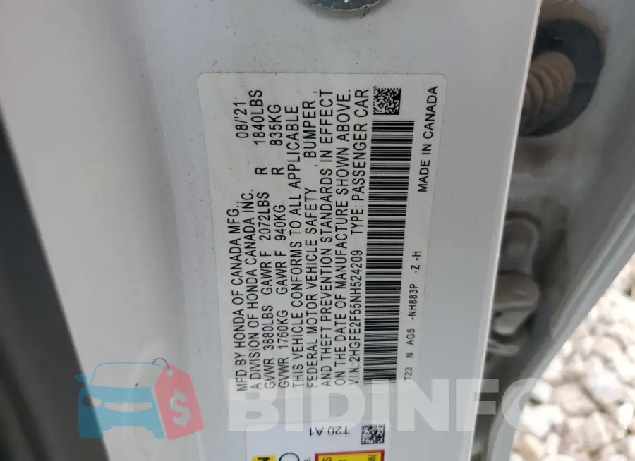 2HGFE2F55NH524209 Photo# 12