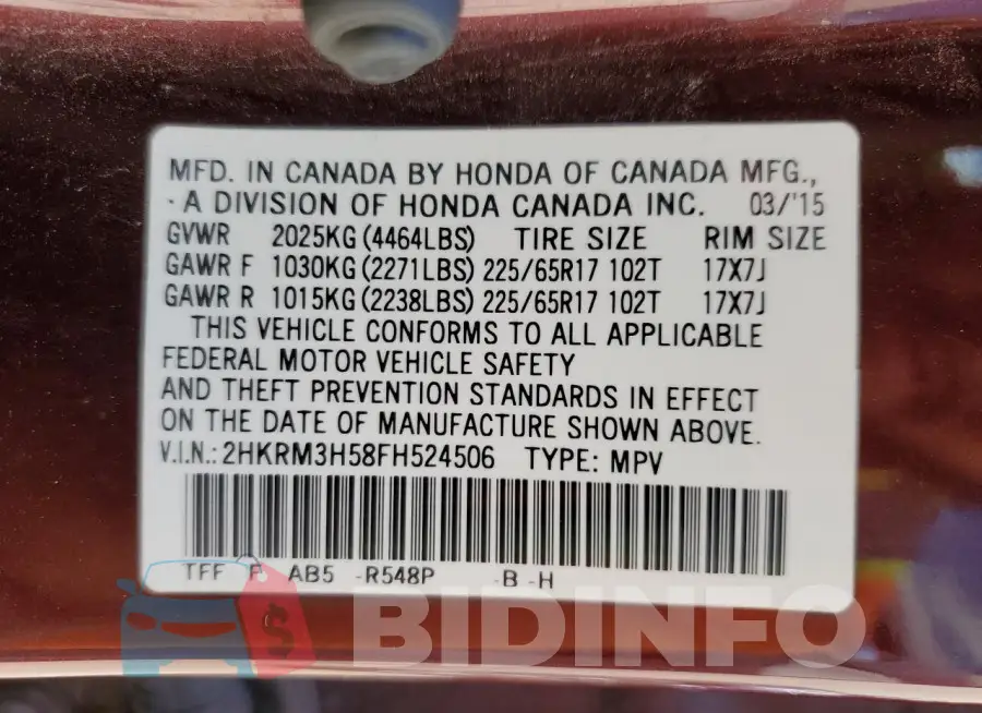 2HKRM3H58FH524506 Photo# 13