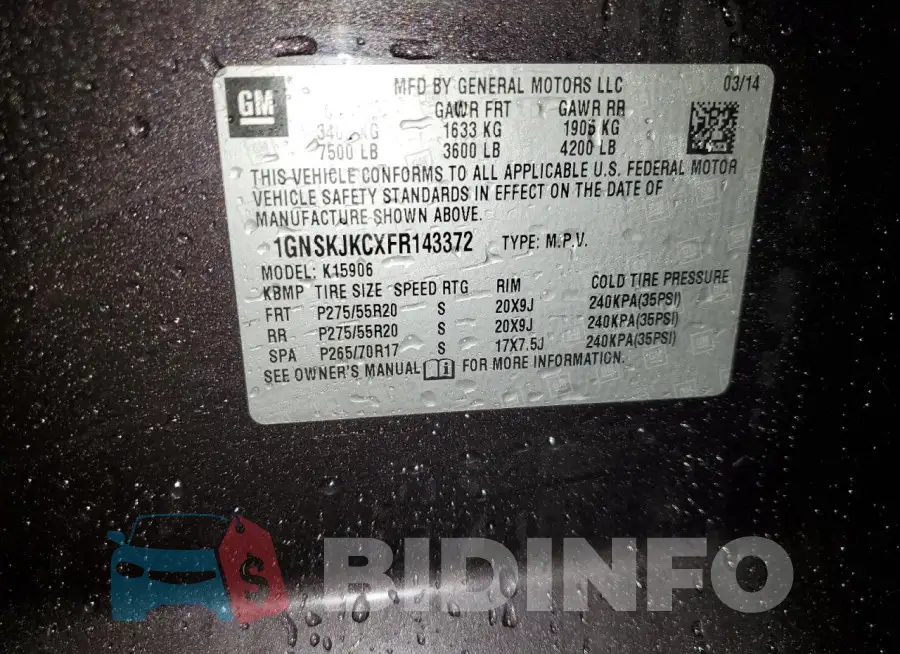 1GNSKJKCXFR143372 Photo# 13