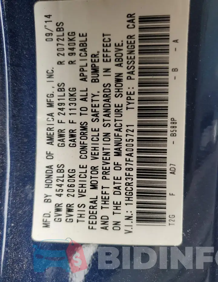 1HGCR3F87FA005721 Photo# 12