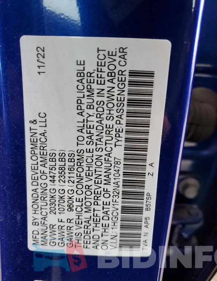 1HGCV1F32NA104787 Photo# 12