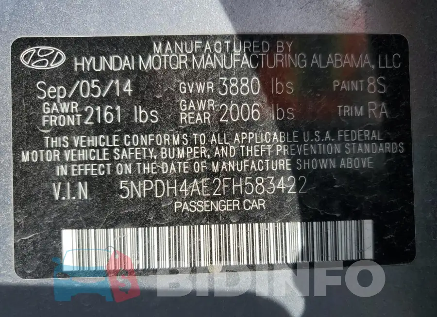 5NPDH4AE2FH583422 Photo# 12