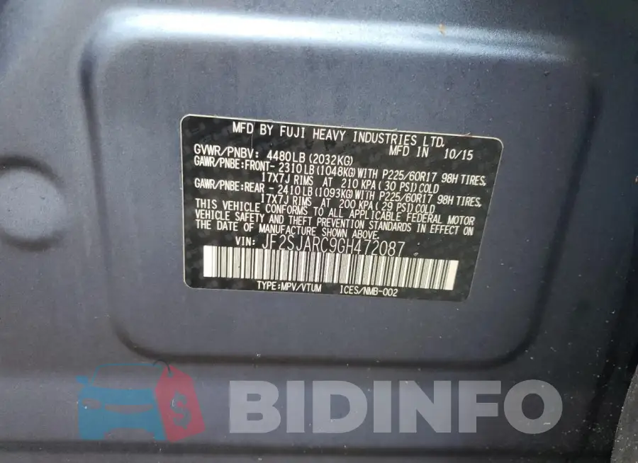 JF2SJARC9GH472087 Photo# 13