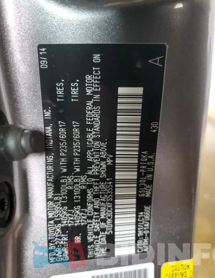 5TDYK3DCXFS535541 Photo# 13