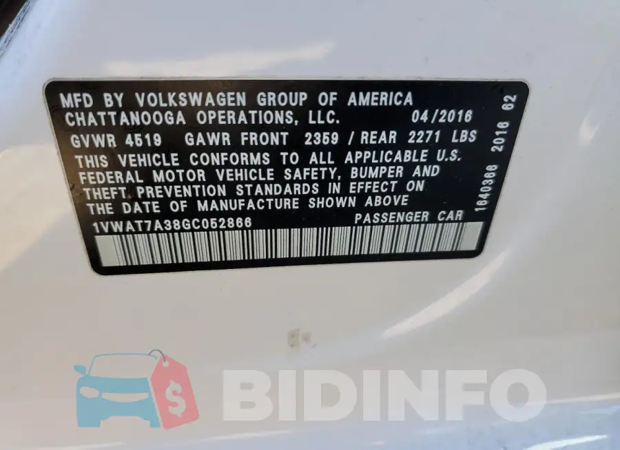 1VWAT7A38GC052866 Photo# 12