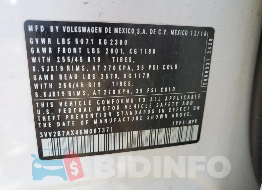 3VV2B7AX4KM067371 Photo# 13