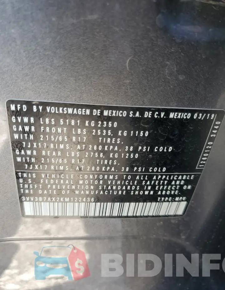 3VV3B7AX2KM122436 Photo# 13