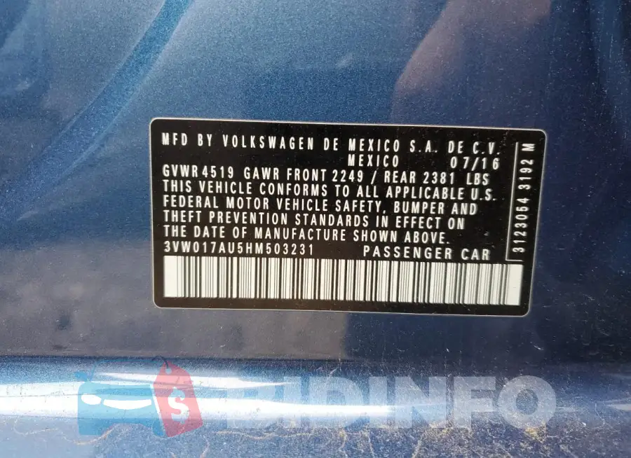 3VW017AU5HM503231 Photo# 12