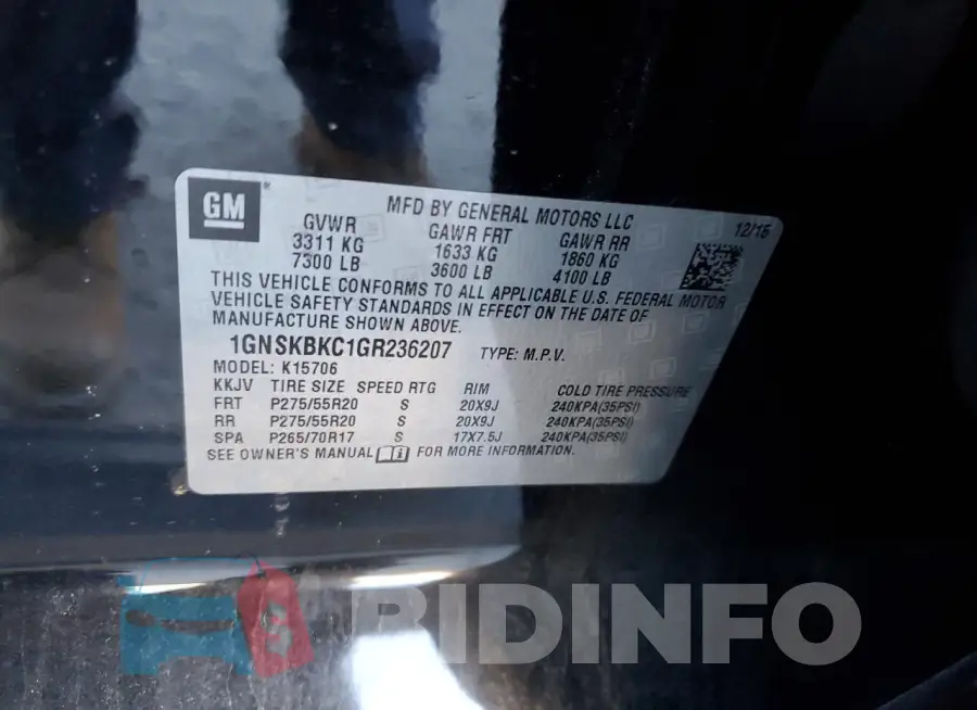 1GNSKBKC1GR236207 Photo# 14