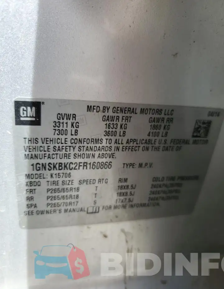 1GNSKBKC2FR160866 Photo# 14