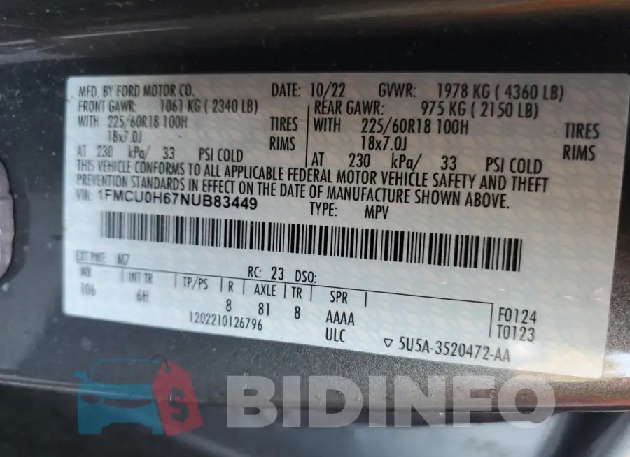 1FMCU0H67NUB83449 Photo# 14