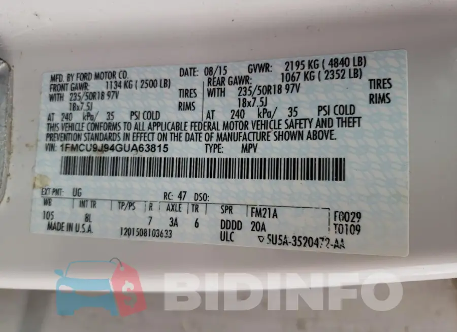 1FMCU9J94GUA63815 Photo# 13