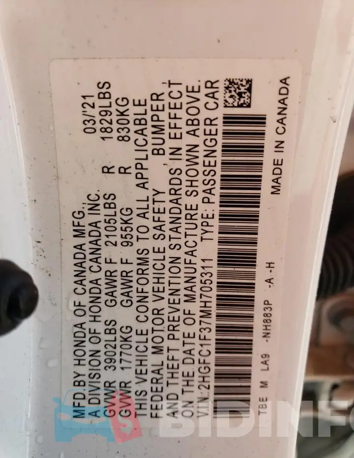 2HGFC1F37MH705311 Photo# 12