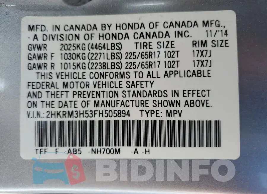 2HKRM3H53FH505894 Photo# 12