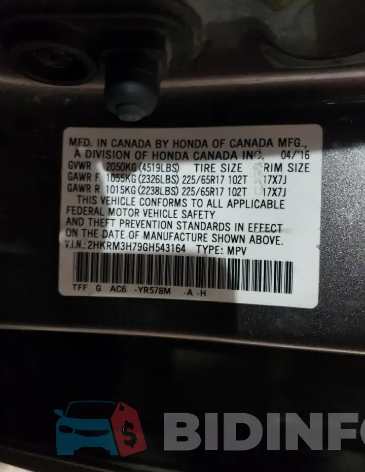 2HKRM3H79GH543164 Photo# 13