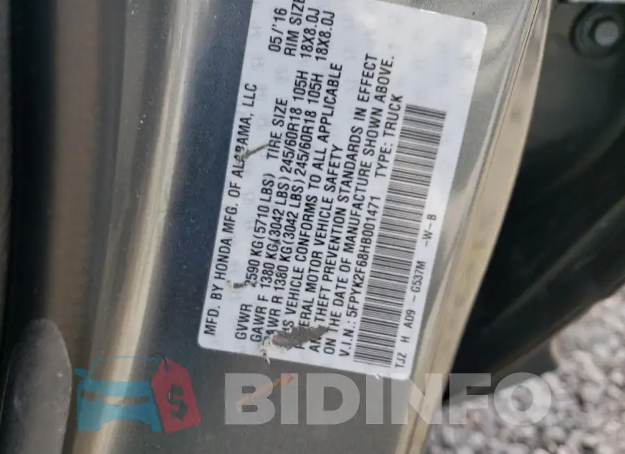 5FPYK2F68HB001471 Photo# 12