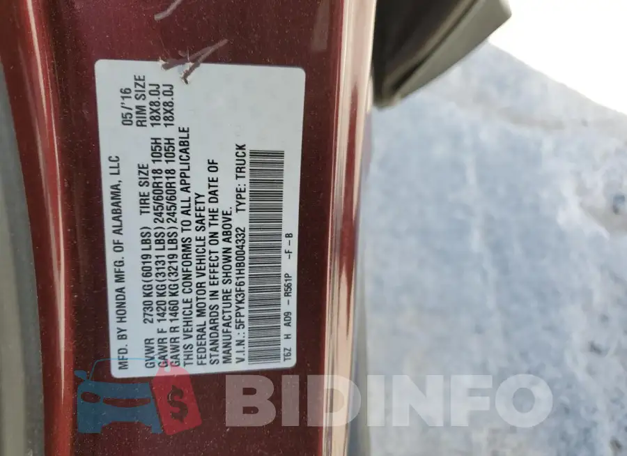 5FPYK3F61HB004332 Photo# 12