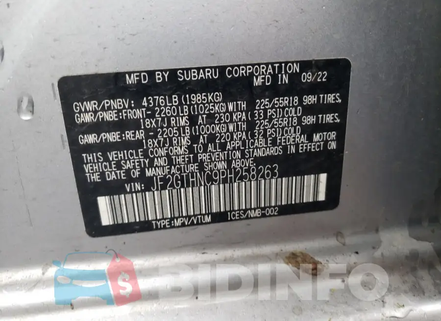 JF2GTHNC9PH258263 Photo# 12