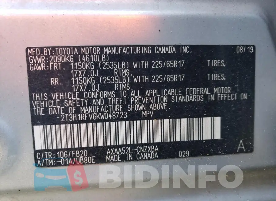 2T3H1RFV6KW048723 Photo# 13
