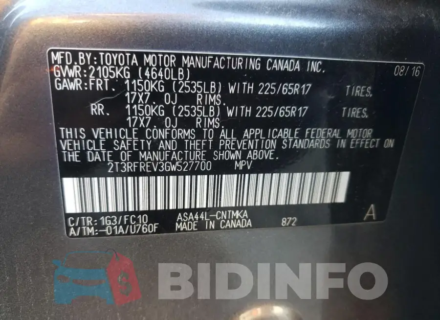 2T3RFREV3GW527700 Photo# 13