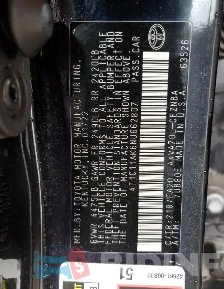 4T1C11AK6NU662807 Photo# 12