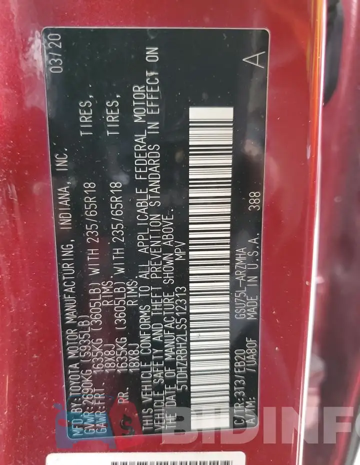 5TDHZRBH2LS512313 Photo# 13